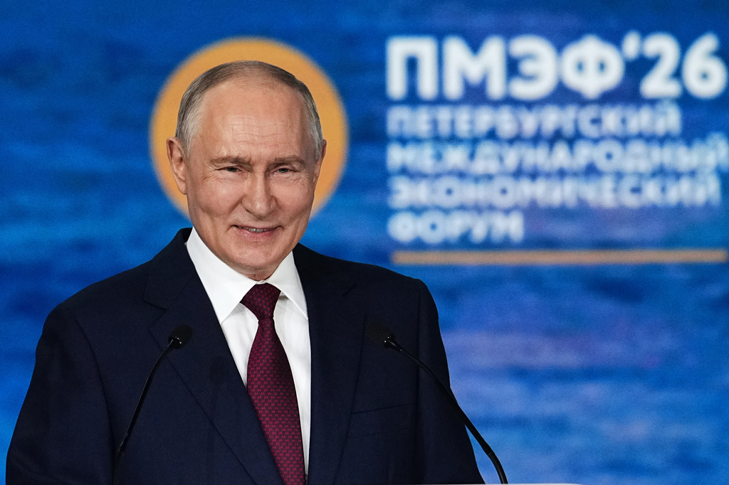 Russian President Vladimir Putin addresses a plenary session at the St. Petersburg International Economic Forum in St. Petersburg, Russia, on Friday, June 5, 2026. (AP Photo/Dmitri Lovetsky)