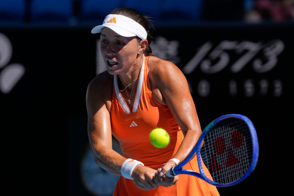Jessica Pegula of the U.S. plays a backhand return to Oksana Selekhmeteva of Russia during their third round match at the Australian Open tennis championship in Melbourne, Australia, Saturday, Jan. 24, 2026. (AP Photo/Aaron Favila)