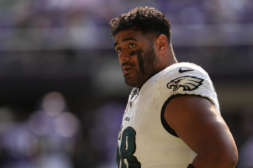 FILE - Philadelphia Eagles offensive tackle Jordan Mailata (68) walks across the field at halftime of an NFL football game against the Minnesota Vikings, Sunday, Oct. 19, 2025, in Minneapolis. (AP Photo/Abbie Parr, File) FILE - Philadelphia Eagles offensive tackle Jordan Mailata (68) walks across the field at halftime of an NFL football game against the Minnesota Vikings, Sunday, Oct. 19, 2025, in Minneapolis. (AP Photo/Abbie Parr, File)