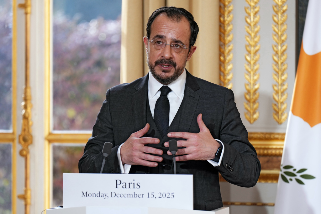 Cyprus' President Nikos Christodoulides delivers a speech during a press conference following his meeting with French President Emmanuel Macron at the Elysee Palace, Monday Dec. 15, 2025 in Paris. (Dimitar Dilkoff, Pool photo via AP)