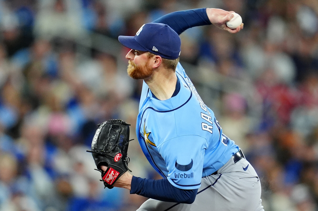 Tampa Bay Rays pitcher Drew Rasmussen works against the Toronto Blue Jays during first-inning baseball game action in Toronto, Monday, May 11, 2026. (Frank Gunn/The Canadian Press via AP)