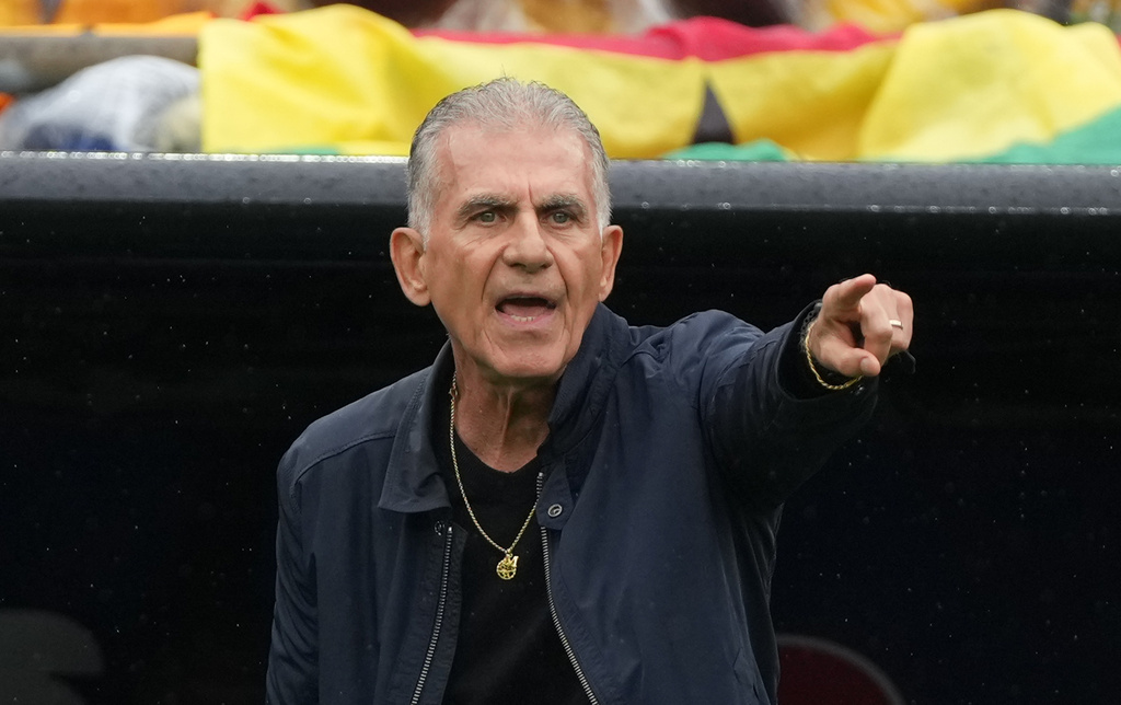 FILE - Ghana head coach Carlos Queiroz during the World Cup Group L soccer match between England and Ghana in Foxborough, Mass., near Boston,Tuesday,June,23,2026. (AP Photo/Dave Shopland, File)