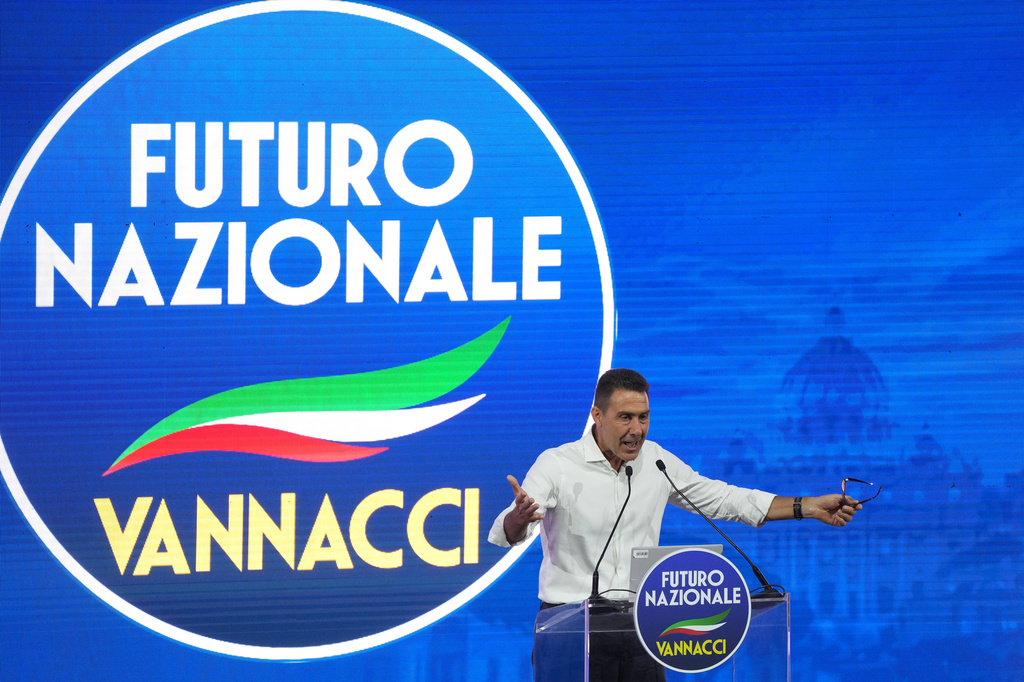EU Parliament member and former Italian army general Roberto Vannacci addresses the audience as he concludes the two-day founding congress of his far-right party, Futuro Nazionale (National Future) in Rome, Sunday, June 14, 2026. (AP Photo/Gregorio Borgia)