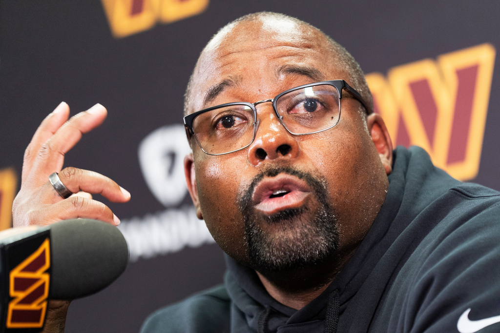 FILE - Washington Commanders new defensive coordinator Joe Whitt Jr., speaks during an NFL football news conference at Commanders Park in Ashburn, Va., Feb. 15, 2024. (AP Photo/Manuel Balce Ceneta, File)