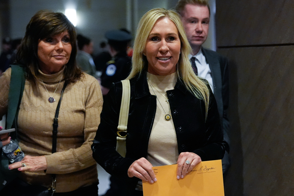 Rep. Marjorie Taylor Greene, R-Ga., departs a briefing on military strikes near Venezuela, Tuesday, Dec. 16, 2025, at the Capitol in Washington. (AP Photo/Julia Demaree Nikhinson)