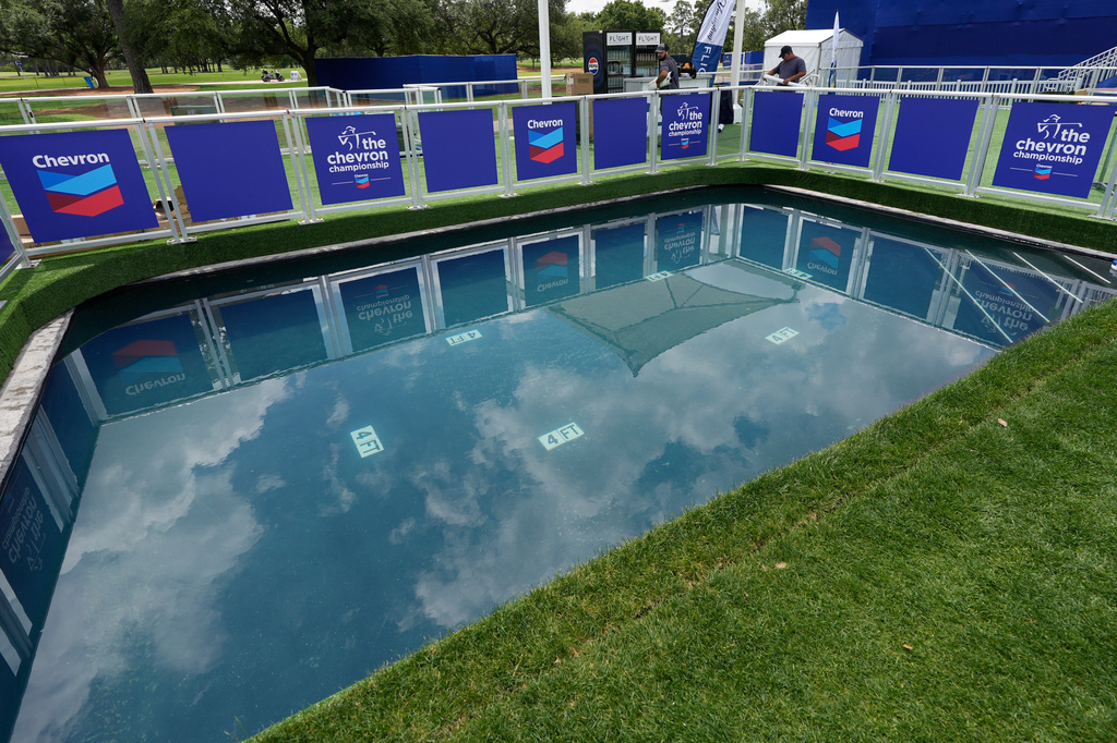 A newly constructed pool next the 18th green is shown ahead of the Chevron Championship LPGA golf tournament Wednesday, April 22, 2026, in Houston. (AP Photo/David J. Phillip)