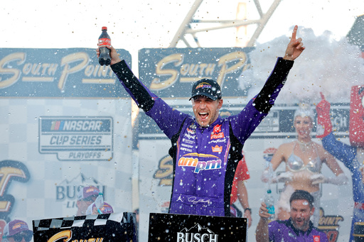 Denny Hamlin celebrates in victory lane after winning a NASCAR Cup Series auto race Sunday, Oct. 12, 2025, in Las Vegas. (AP Photo/Steve Marcus) Denny Hamlin celebrates in victory lane after winning a NASCAR Cup Series auto race Sunday, Oct. 12, 2025, in Las Vegas. (AP Photo/Steve Marcus)