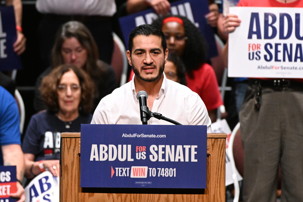 Michigan Democratic U.S. Senate primary candidate Abdul El-Sayed addresses the crowd during a campaign rally, Saturday, July 18, 2026, in Detroit. (AP Photo/Jose Juarez)