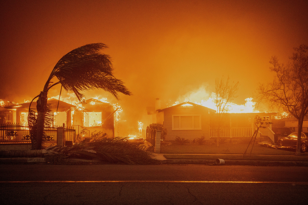 FILE - Trees sway in high winds as the Eaton Fire burns structures Jan. 8, 2025 in Altadena, Calif. (AP Photo/Ethan Swope, File)