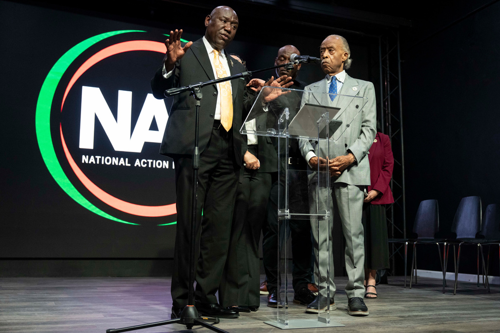 Ben Crump, civil rights attorney, speaks during a news conference with Christine and Elmore Wonsley, parents of Nolan Xavier Wells, at National Action Network headquarters, Friday, July 10, 2026, in New York. (AP Photo/Yuki Iwamura)