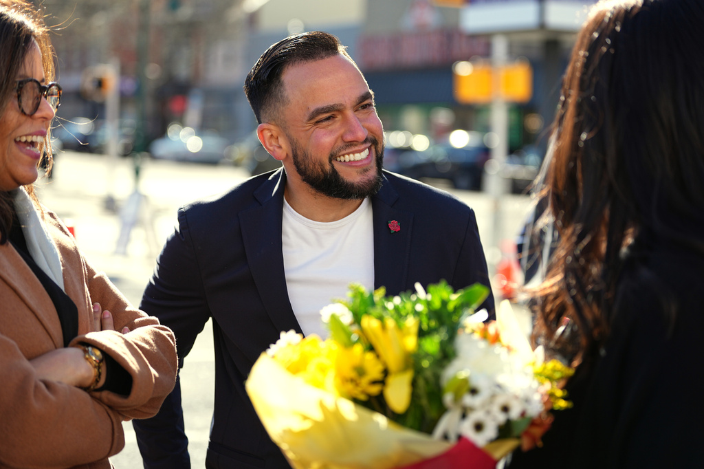 Lancaster Pa., Mayor Jaime Arroyo speaks with attendees at the ribbon cutting for a Finanta Credit Union in Reading, Pa., Wednesday, April 8, 2026. (AP Photo/Matt Rourke)