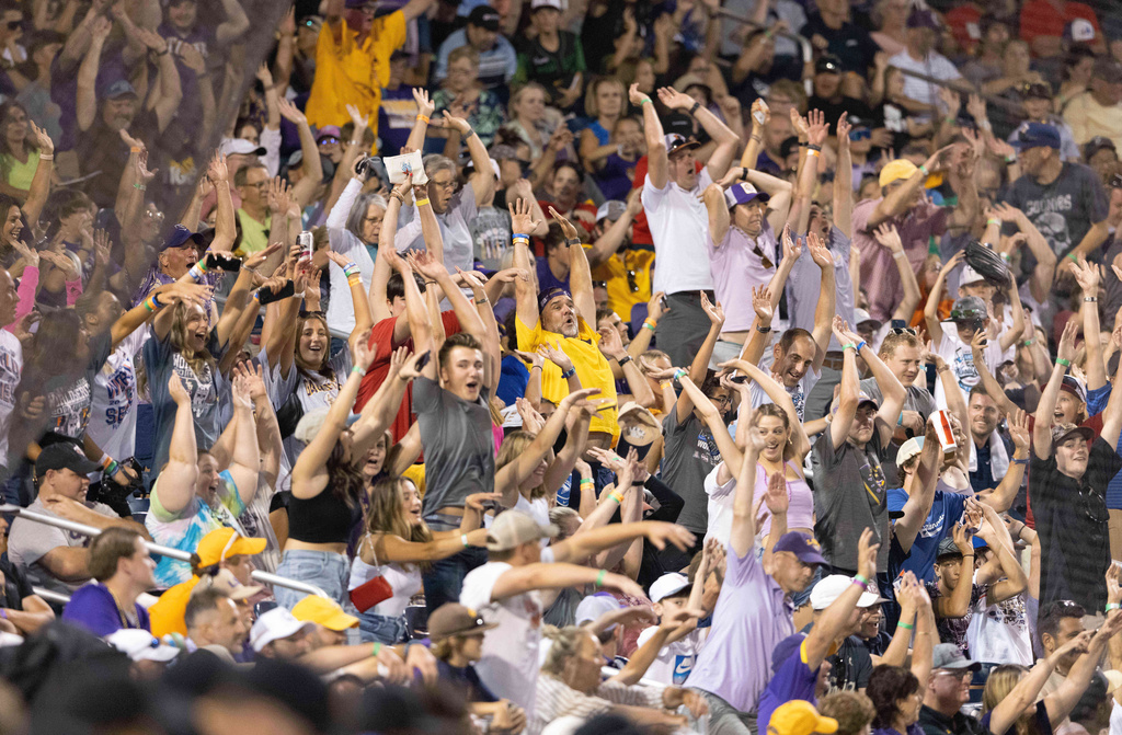 FILE - Fans do the wave as Tennessee plays against LSU in the eighth inning of a baseball game at the NCAA College World Series in Omaha, Neb., June 17, 2023. (AP Photo/Rebecca S. Gratz, File)
