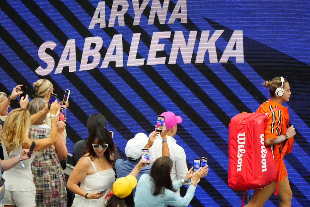 Aryna Sabalenka, of Belarus, arrives for her match against Taylor Townsend, of the United States, during the fourth round of the U.S. Open tennis championships Sunday, Sept. 6, 2026, in New York. (AP Photo/Yuki Iwamura)