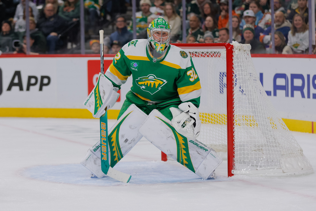 Minnesota Wild goaltender Filip Gustavsson focuses on the play during the first period of an NHL hockey game, Saturday, Jan. 10, 2026, in St. Paul, Minn. (AP Photo/Bailey Hillesheim)