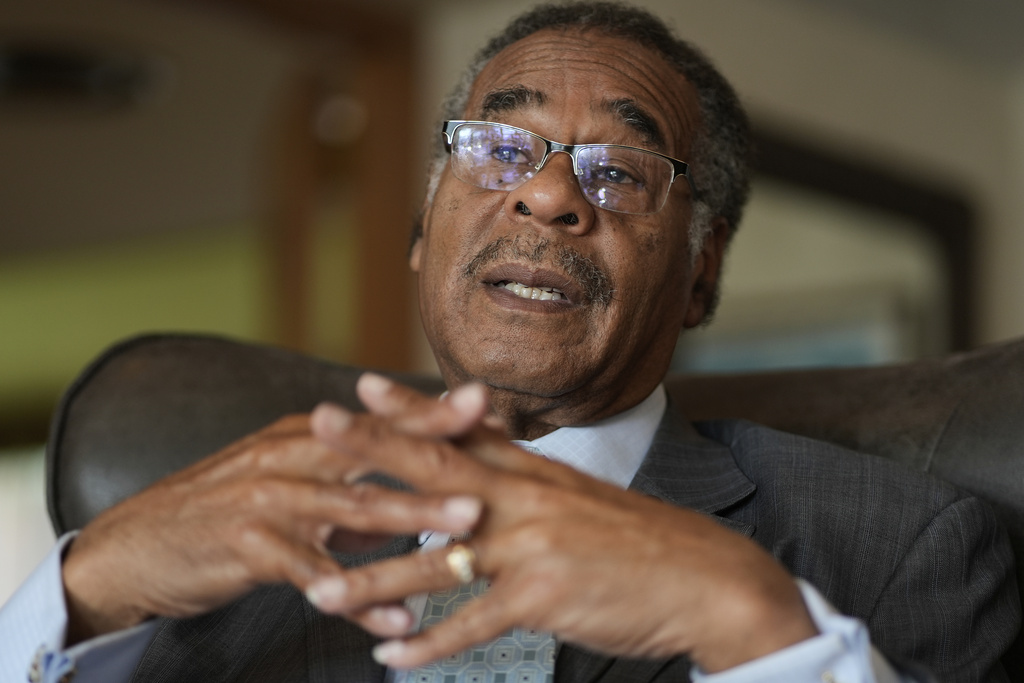 Rep. Emanuel Cleaver II, D-Mo., talks about the Missouri legislature's effort to divide his district among three districts in an effort to flip his seat to Republican, at St. James Church Sunday, Sept. 7, 2025, in Kansas City, Mo. (AP Photo/Charlie Riedel)