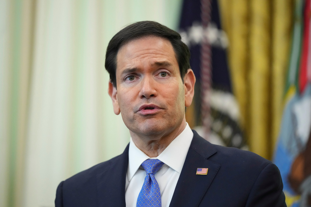 Secretary of State Marco Rubio speaks during a meeting between the ambassadors of Israel and Lebanon in the Oval Office at the White House, Thursday, April 23, 2026, in Washington. (AP Photo/Mark Schiefelbein)