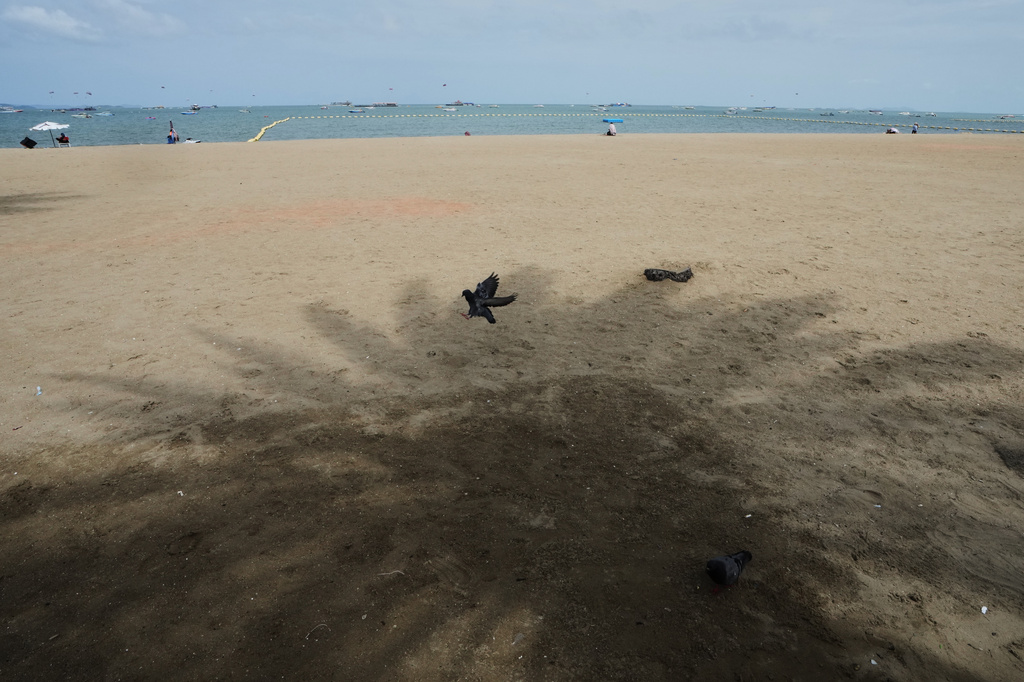 Tourists spend time on a beach in Pattaya, Thailand, Tuesday, Sept. 1, 2026. (AP Photo/Sakchai Lalit)