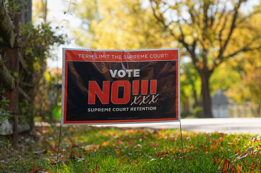A sign is posted in opposition to retaining Pennsylvania Supreme Court justices in the November election, in Berwyn, Pa., Wednesday, Oct. 22, 2025. (AP Photo/Matt Rourke) A sign is posted in opposition to retaining Pennsylvania Supreme Court justices in the November election, in Berwyn, Pa., Wednesday, Oct. 22, 2025. (AP Photo/Matt Rourke)
