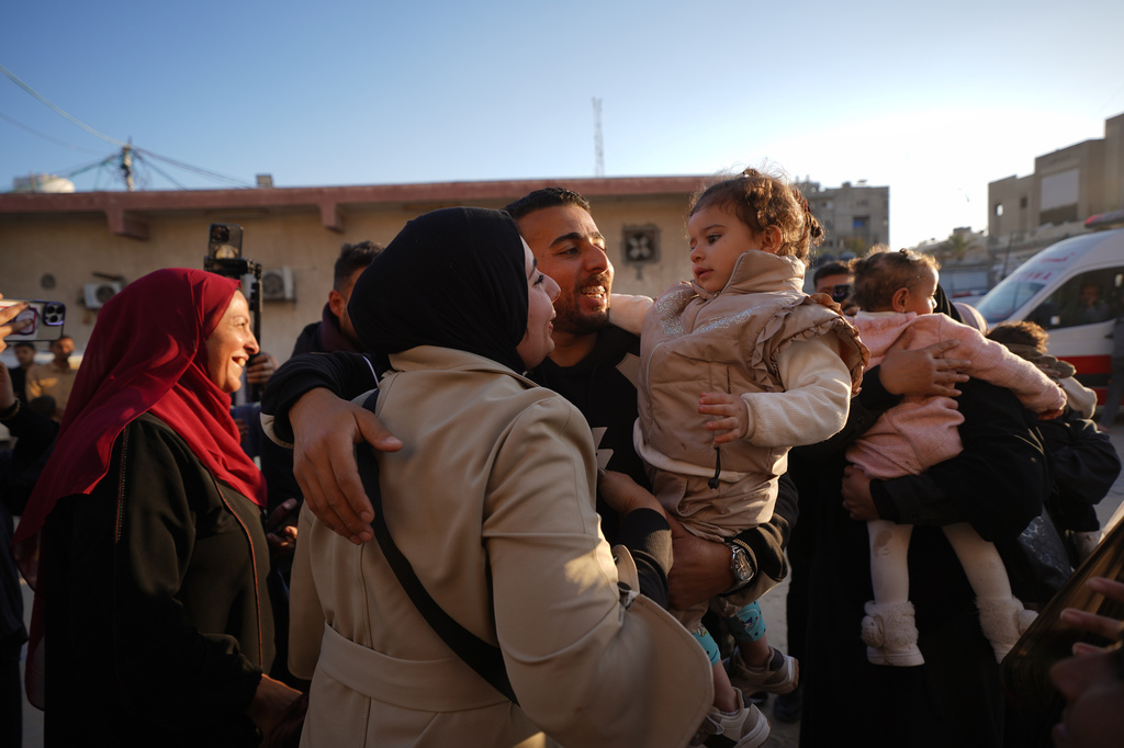 A group of toddlers return to Gaza more than two years after being evacuated as premature infants for medical treatment in Egypt, arriving at Nasser Hospital in Khan Younis, Gaza Strip, Monday, March 30, 2026. (AP Photo/Jehad Alshrafi)