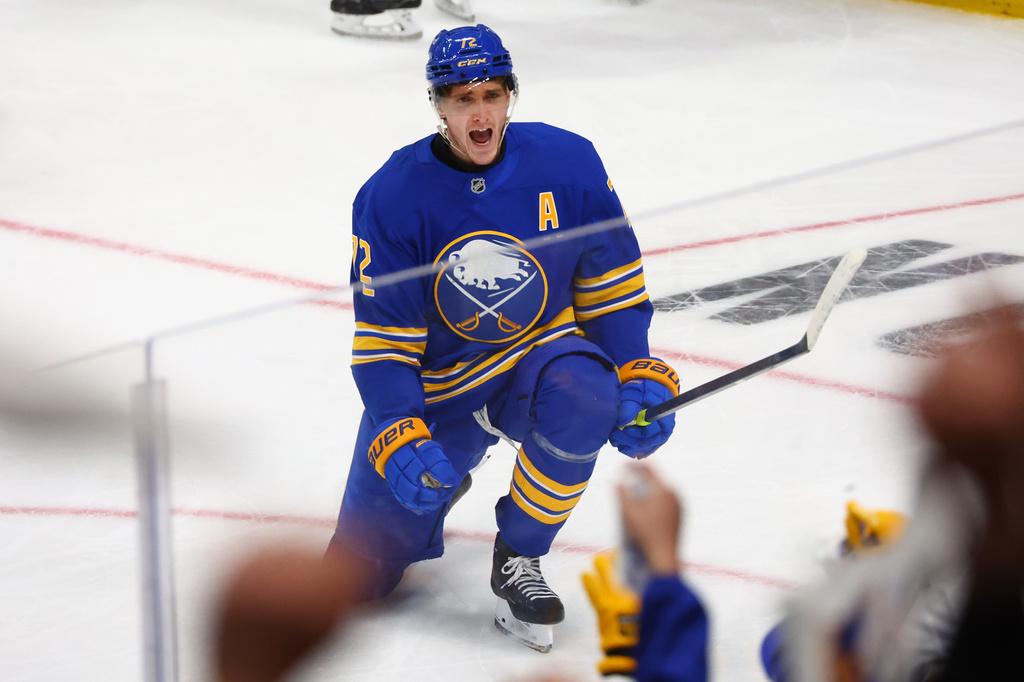FILE - Buffalo Sabres center Tage Thompson (72) celebrates his goal during the third period in Game 1 of a first-round NHL hockey Stanley Cup playoff series against the Boston Bruins on April 19, 2026, in Buffalo, N.Y. (AP Photo/Jeffrey T. Barnes, File)