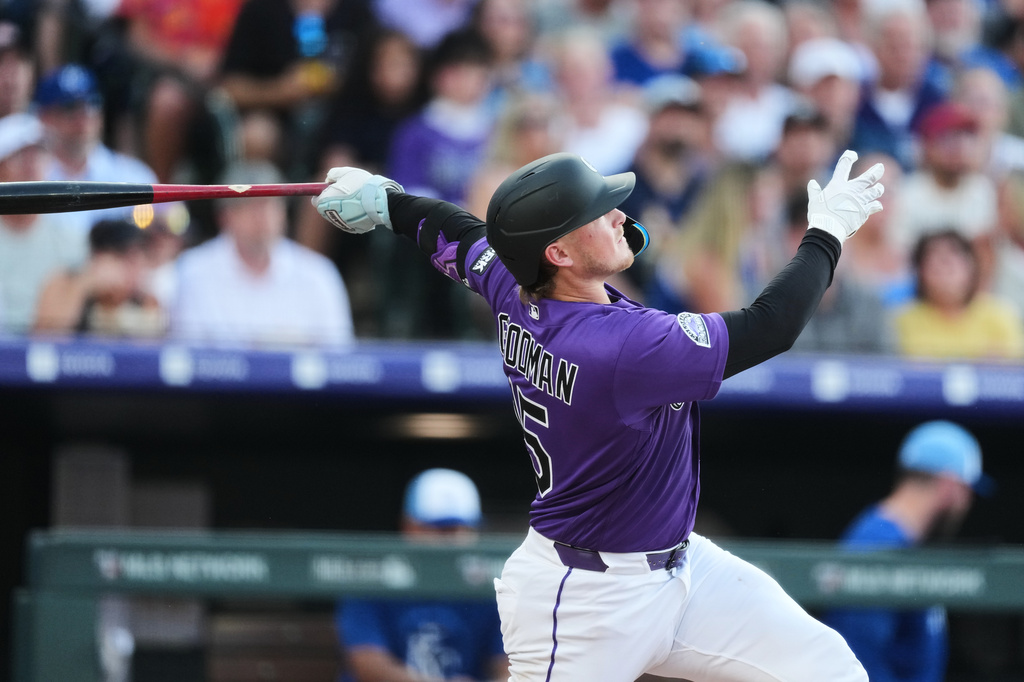 Colorado Rockies' Hunter Goodman follows the flight of his three-run home run off Kansas City Royals starting pitcher Luinder Avila in the third inning of a baseball game Saturday, Aug. 1, 2026, in Denver. (AP Photo/David Zalubowski)