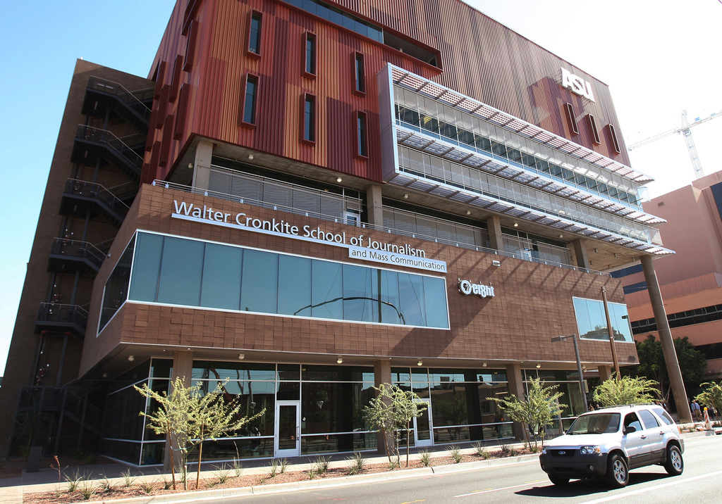 FILE - This Nov. 14, 2008, file photo shows the Walter Cronkite School of Journalism and Mass Communication at the downtown campus of Arizona State University in Phoenix. (AP Photo/Ross D. Franklin, File)