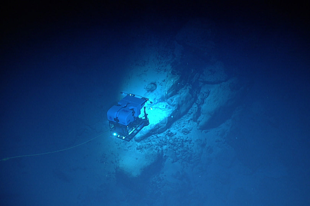 In this photo provided by NOAA, a remotely operated vehicle encounters a large undersea boulder field during the 2021 North Atlantic Stepping Stones expedition. (NOAA via AP)