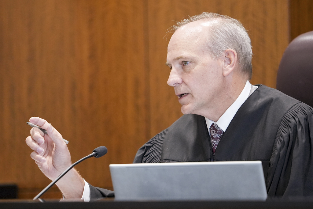 Fourth District Judge Derek Pullan presides over a hearing for Douglas Carter, who was sentenced to death in 1985 and had his conviction reversed in 2025, in 4th District Court in Provo, Utah, Friday, April 3, 2026. (Chris Samuels/The Salt Lake Tribune via AP, Pool)