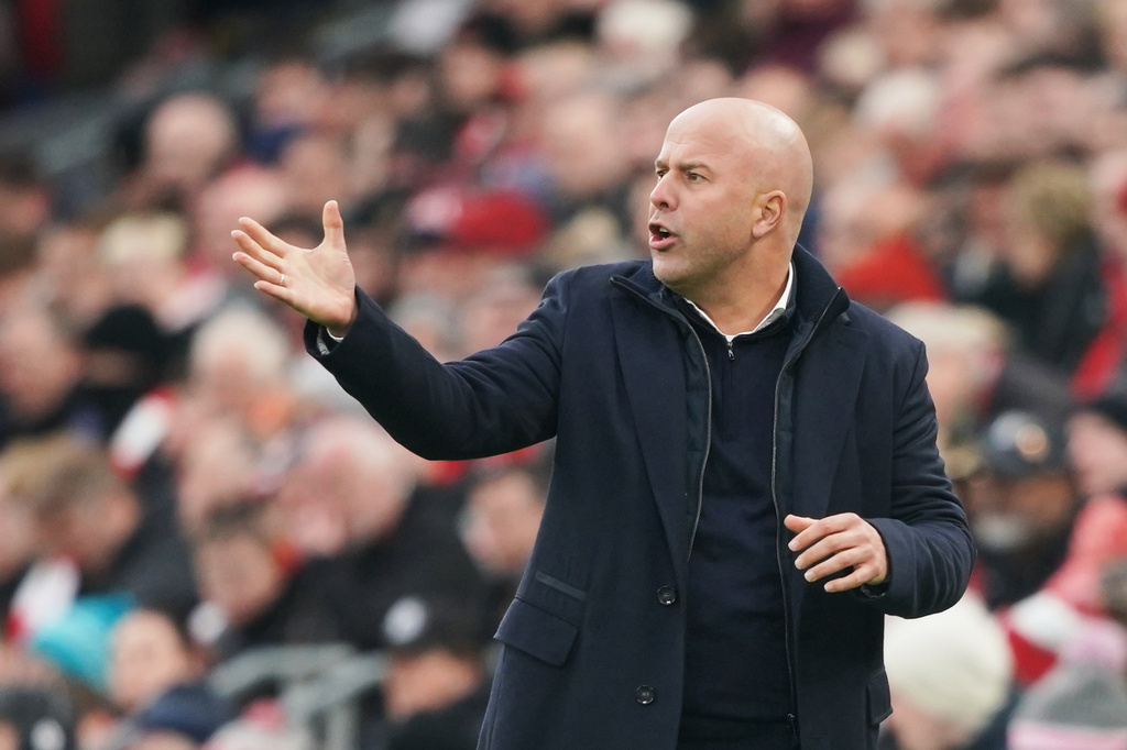 Liverpool's manager Arne Slot gives instructions from the side line during the English Premier League soccer match between Liverpool and Nottingham Forest in Liverpool, England, Saturday, Nov. 22, 2025. (AP Photo/Ian Hodgson)