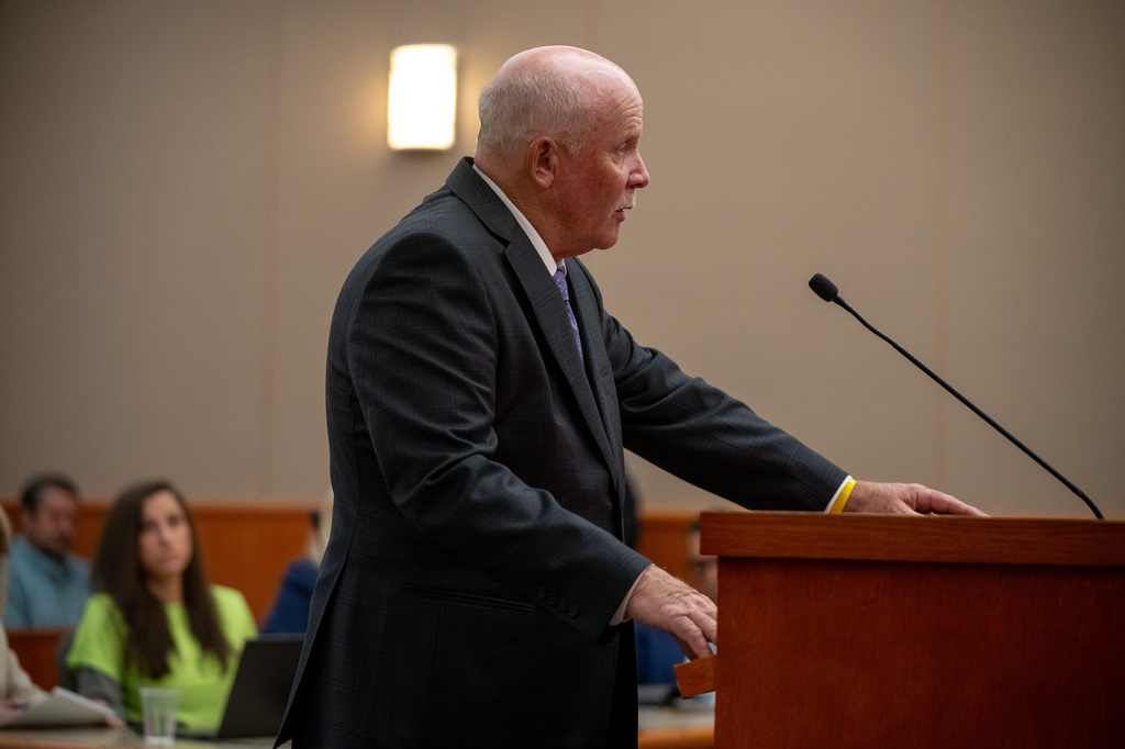 Gene Richins makes an impact statement during the sentencing of Kouri Richins in 3rd District Court in Park City, Utah, Wednesday, May 13, 2026. (Trent Nelson/The Salt Lake Tribune via AP, Pool)