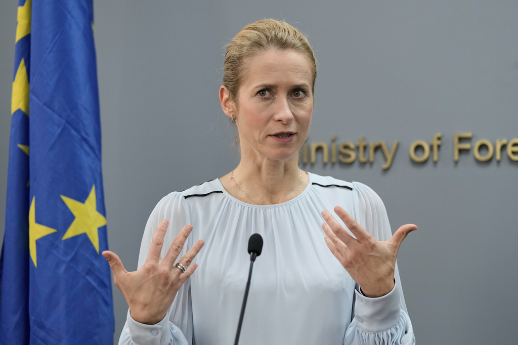 European Union foreign policy chief Kaja Kallas speaks during a joint news conference with Lebanese Foreign Minister Youssef Rajji in Beirut, Lebanon, Thursday, Oct. 8, 2026. (AP Photo/Bilal Hussein)