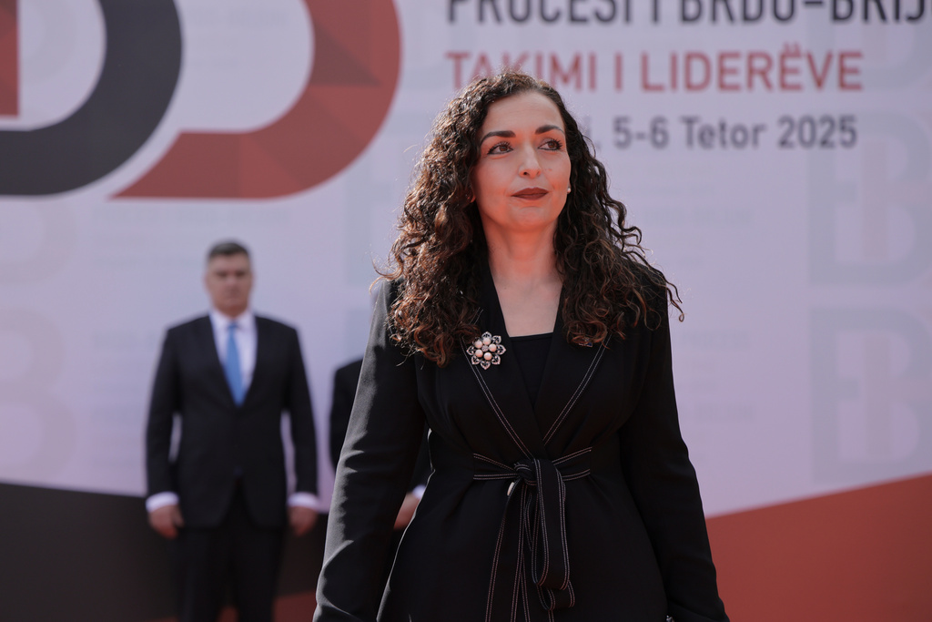 Kosovo's President Vjosa Osmani arrives at the Brdo-Brijuni, Process Leaders' Meeting in Golem, Albania, 50 kilometers (30 miles) west of the capital, Tirana , Albania on Monday, Oct. 6, 2025 .(AP Photo/Vlasov Sulaj)
