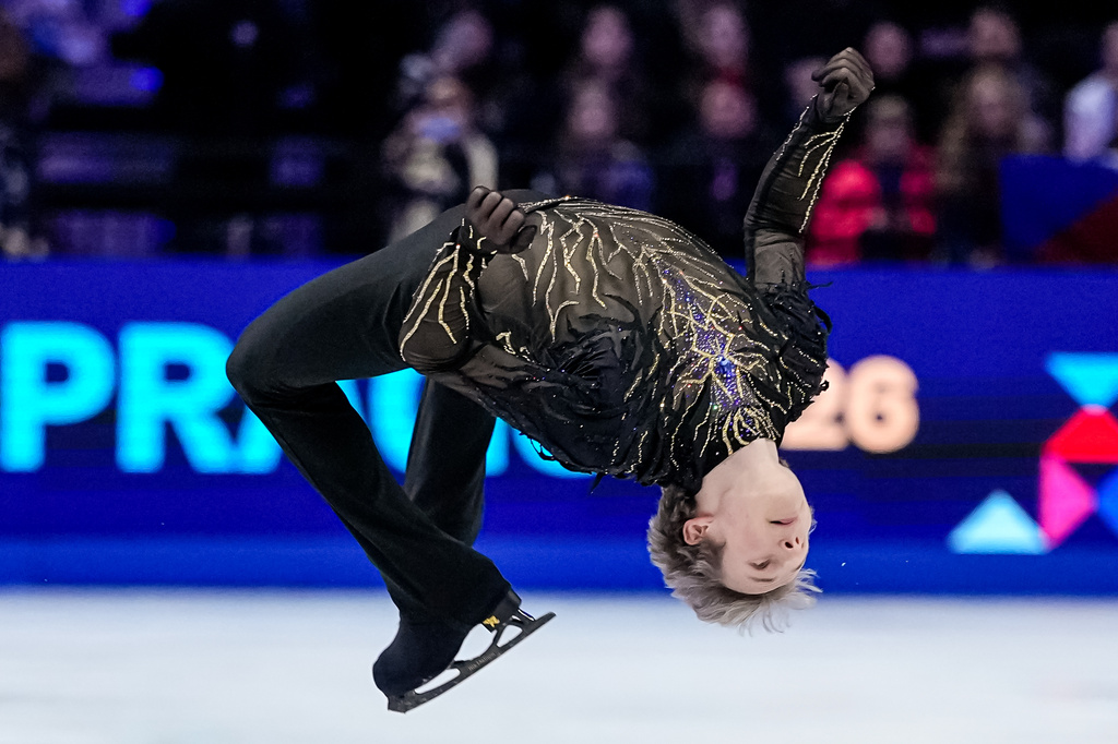 Ilia Malinin from the United States competes during the men free skating at the Figure Skating World Championships in Prague, Czech Republic, Saturday, March 28, 2026. (AP Photo/Petr David Josek)