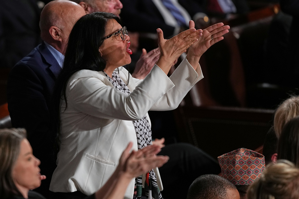 Rep. Rashida Tlaib, D-Mich., gestures as President Donald Trump delivers the State of the Union address to a joint session of Congress in the House chamber at the U.S. Capitol in Washington, Tuesday, Feb. 24, 2026. (AP Photo/Matt Rourke)
