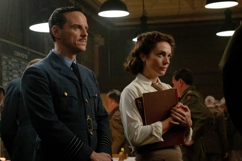 This image released by Focus Features shows Andrew Scott, left, and Kerry Condon in a scene from "Pressure." (Focus Features via AP)