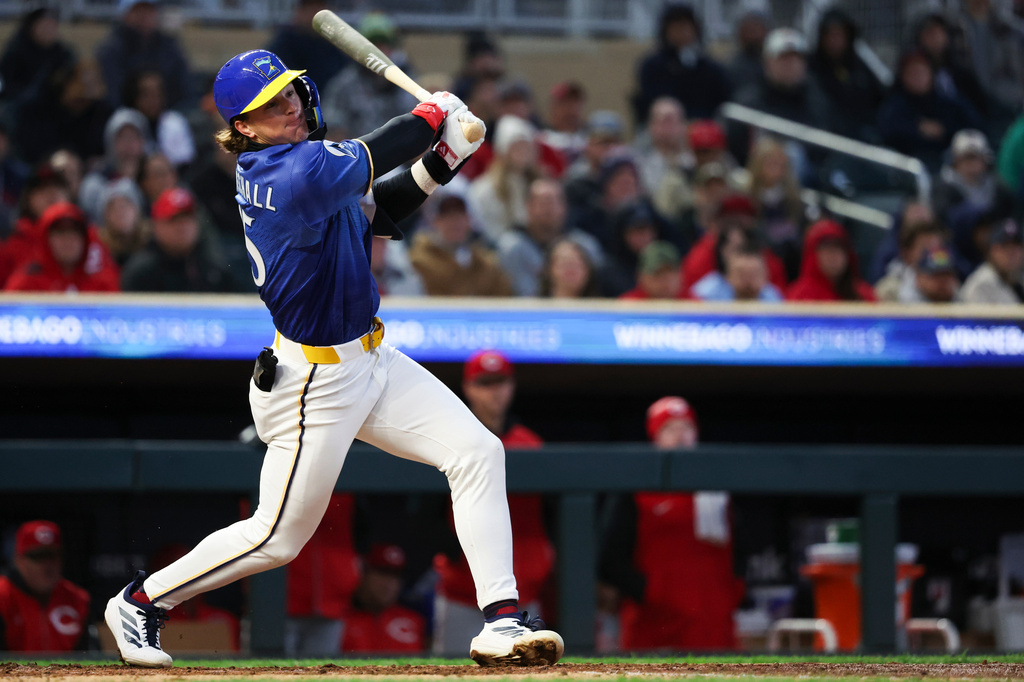 Minnesota Twins' Luke Keaschall bats during the third inning of a baseball game against the Cincinnati Reds Friday, April 17, 2026, in Minneapolis. (AP Photo/Ellen Schmidt)