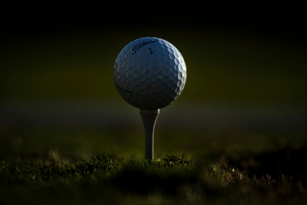 FILE - A golf ball is placed during a practice session of the Solheim Cup at Finca Cortesin near Estepona, southern Spain, on Sept. 21, 2023. (AP Photo/Bernat Armangue, File)