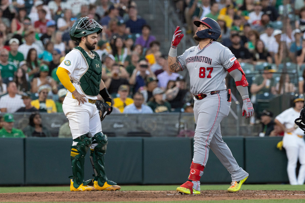 Washington Nationals' Andrés Chaparro runs the bases after hitting a two-run home run during the fifth inning of a baseball game against the Athletics Friday, July 17, 2026, in West Sacramento, Calif. (AP Photo/Sara Nevis)