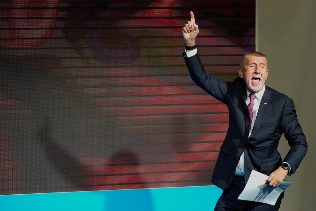 Chairman of opposition "ANO" (YES) movement Andrej Babis reacts as he arrives at his election headquarters after most of the votes were counted in the parliamentary elections in Prague, Czech Republic, Saturday, Oct. 4, 2025. (AP Photo/Petr David Josek)