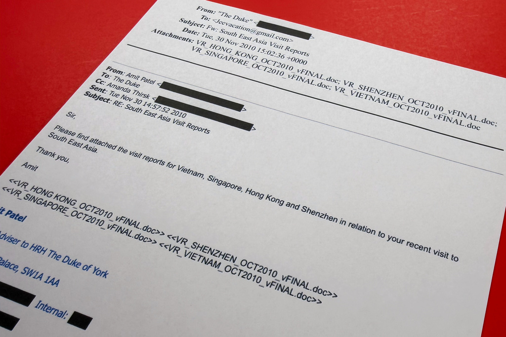 A document that was included in the U.S. Department of Justice release of the Jeffrey Epstein files, photographed Monday, Feb. 9, 2026, shows an email to Epstein. (AP Photo/Jon Elswick)