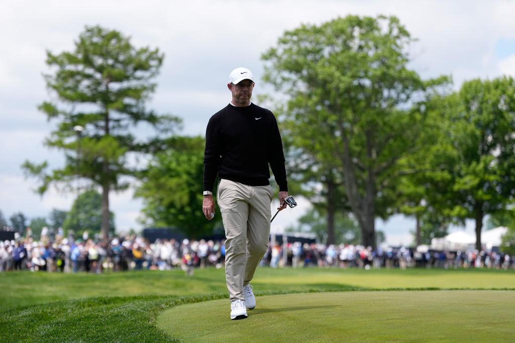 Rory McIlroy, of Northern Ireland, walks to green on the third hole during the first round of the PGA Championship golf tournament practice round at Aronimink Golf Club, Thursday, May 14, 2026, in Newtown Square, PA. (AP Photo/Matt Slocum)