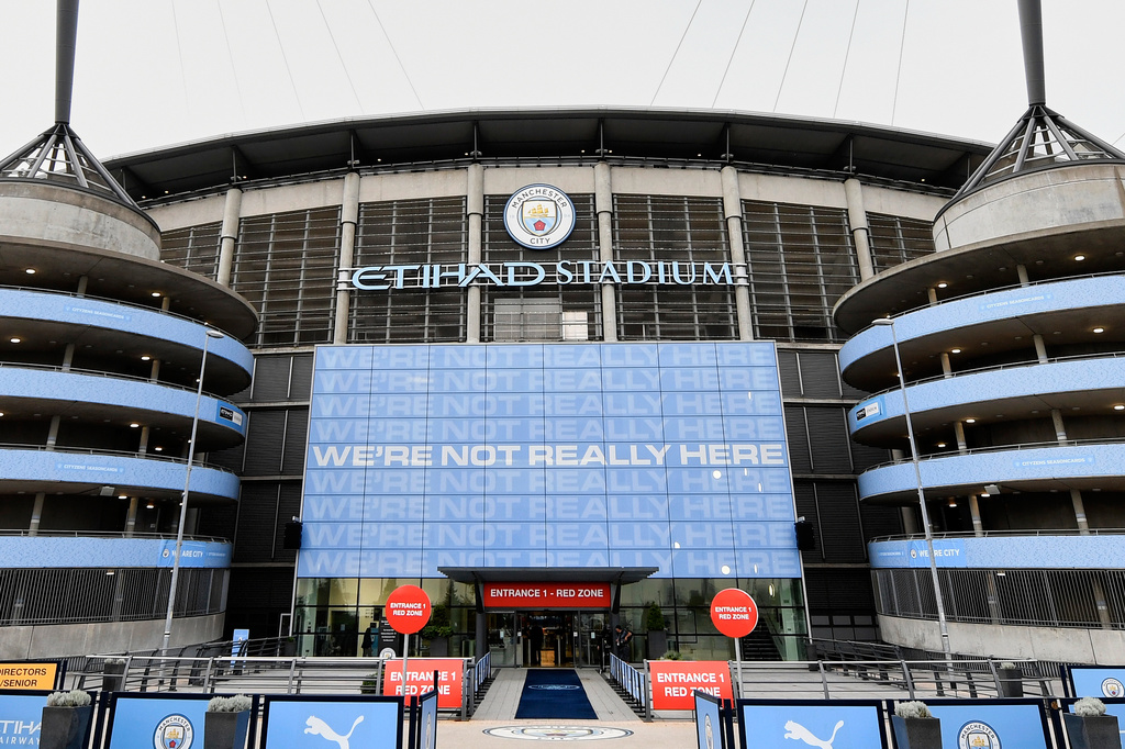 FILE - A exterior shot of the stadium before the English Premier League soccer match between Manchester City and Arsenal at the Etihad Stadium in Manchester, England, Wednesday, June 17, 2020. (Peter Powell/Pool via AP, File)