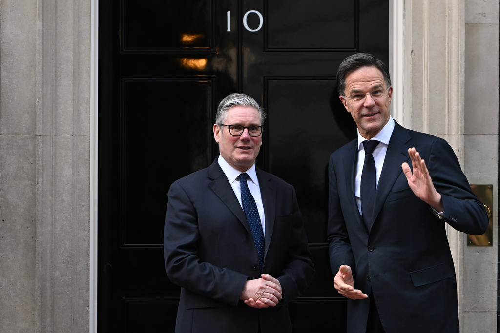 Britain's Prime Minister Keir Starmer welcomes NATO Secretary General Mark Rutte to Downing Street in London, Tuesday, March 17, 2026.(AP Photo/Thomas Krych)
