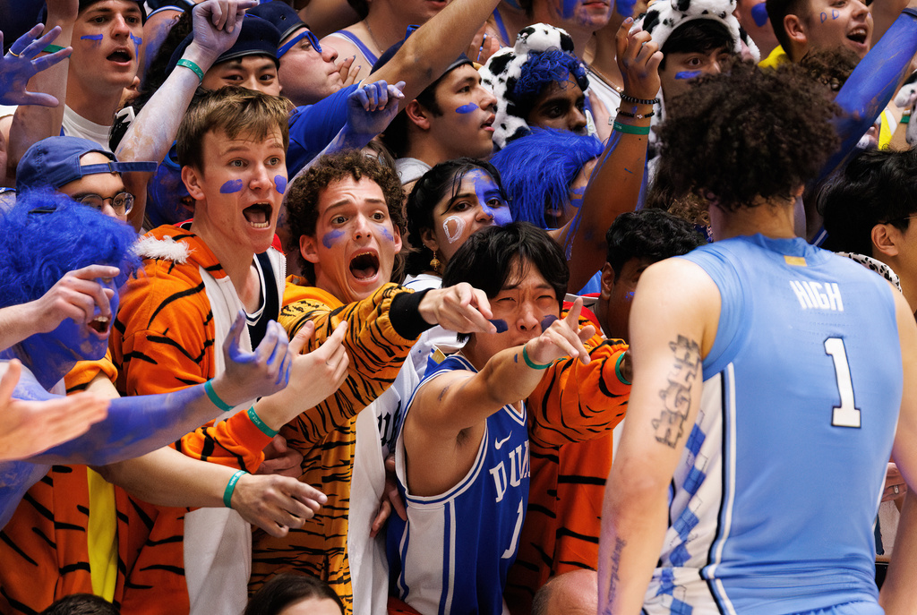 Duke fans shout towards North Carolina's Zayden High (1) during the second half of an NCAA college basketball game in Durham, N.C., Saturday, March 7, 2026. (AP Photo/Ben McKeown)