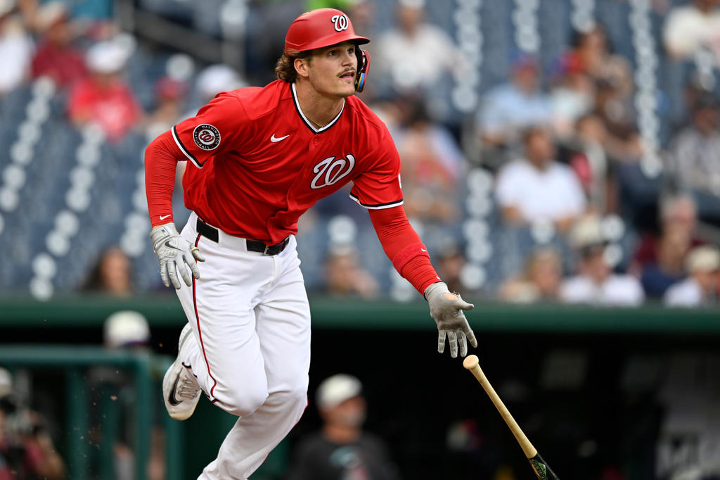 Washington Nationals Brady House hits a double during the second inning of a baseball game against the Arizona Diamondbacks, Sunday, July 26, 2026, in Washington. (AP Photo/John McDonnell)