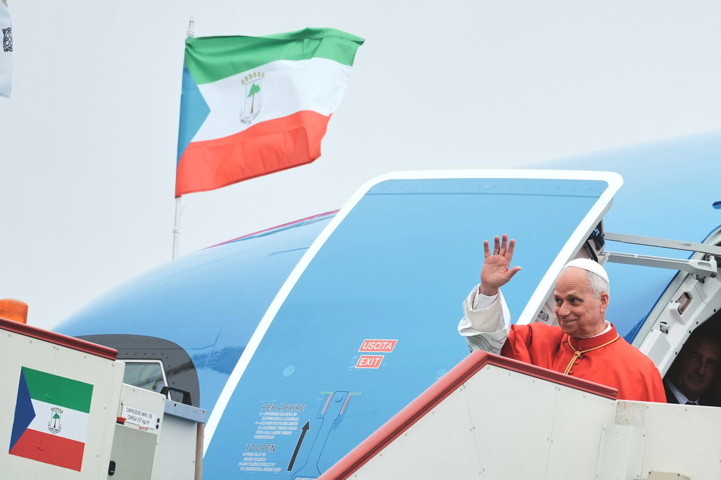 Pope Leo XIV arrives at Malabo International Airport in Malabo, Equatorial Guinea, Tuesday, April 21, 2026, on the ninth day of his 11-day pastoral visit to Africa. (AP Photo/Andrew Medichini)