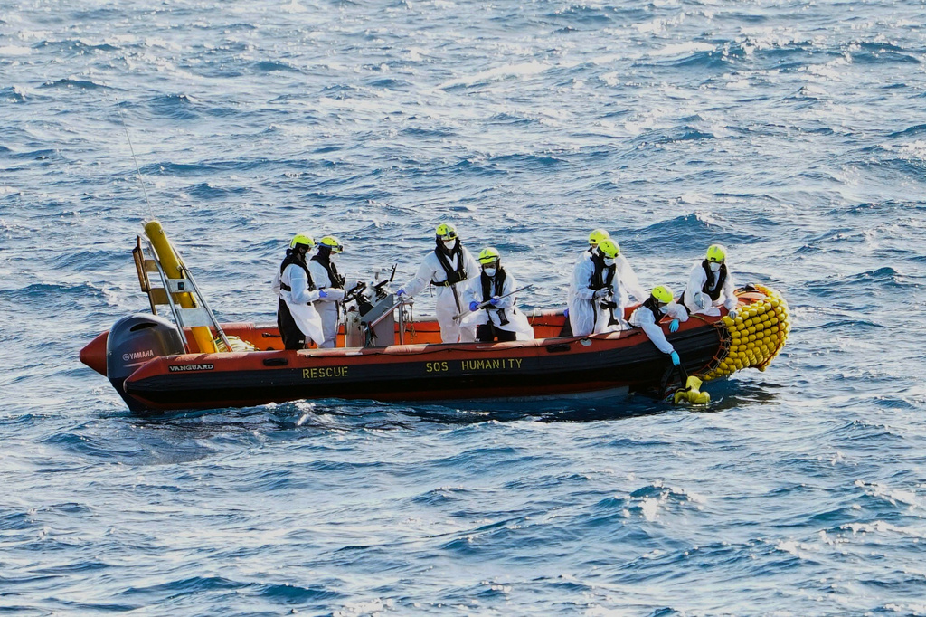 This picture released by SOS Humanity on Monday, March 16, 2026, shows rescue operations in the Mediterranean Sea one of the deadliest migration route in the world (Barbara Sartore/SOS Humanity via AP)
