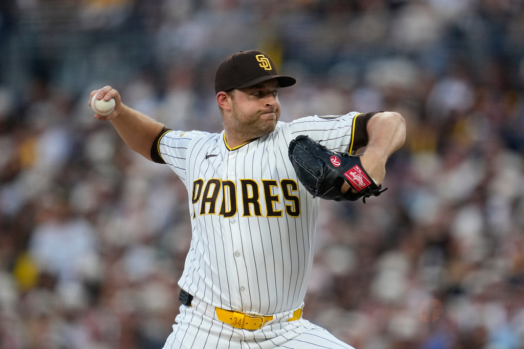 San Diego Padres pitcher Michael King works against an Atlanta Braves batter during the first inning of a baseball game Monday, June 22, 2026, in San Diego. (AP Photo/Gregory Bull)