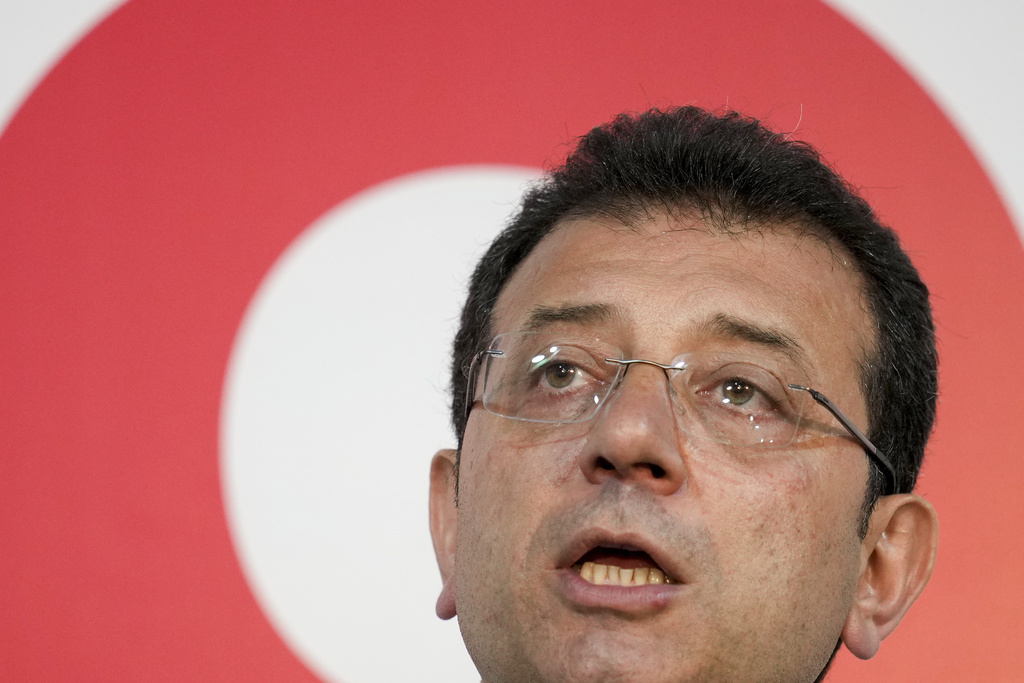 FILE - Republican People's Party, or CHP, candidate for Istanbul Ekrem Imamoglu addresses supporters at his party headquarters in Istanbul, Turkey, March 31, 2024. (AP Photo/Emrah Gurel, File)