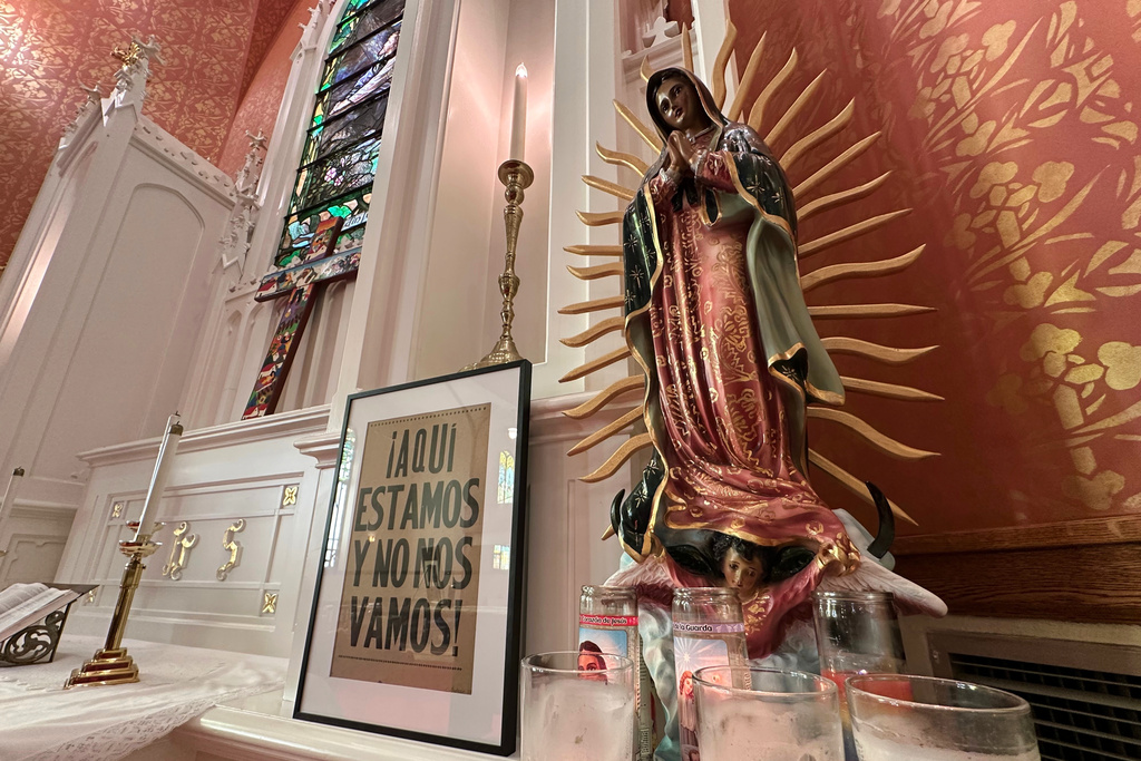A statue of Our Lady of Guadalupe stands inside the St. Paul's-San Pablo Lutheran Church in Minneapolis, Sunday, Jan. 11, 2026. (AP Photo/Rebecca Santana)